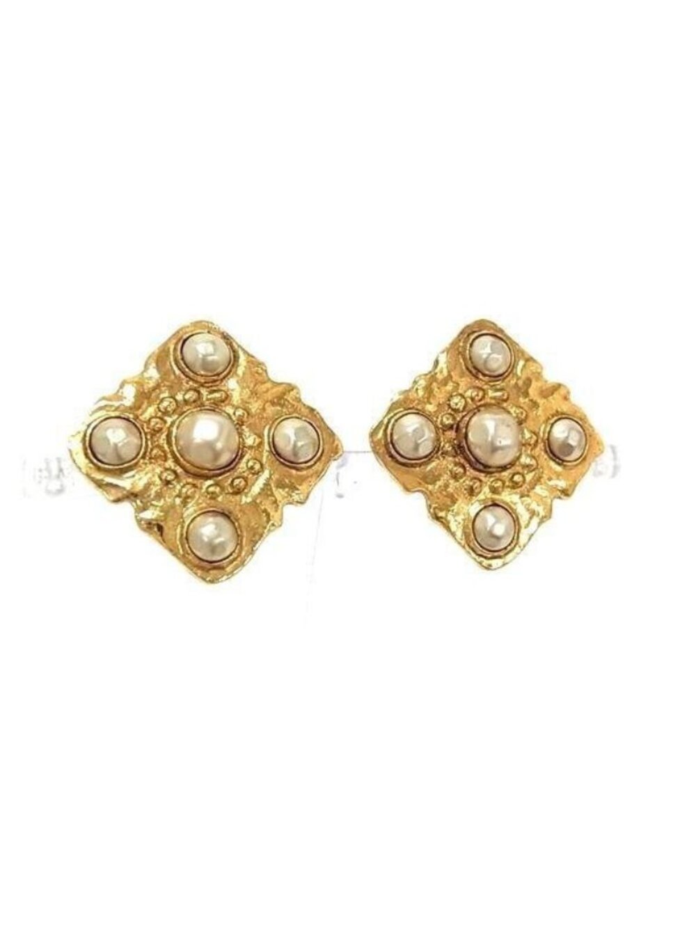 Chanel Earrings Diamond Gold Metal Faux Pearl Vintage